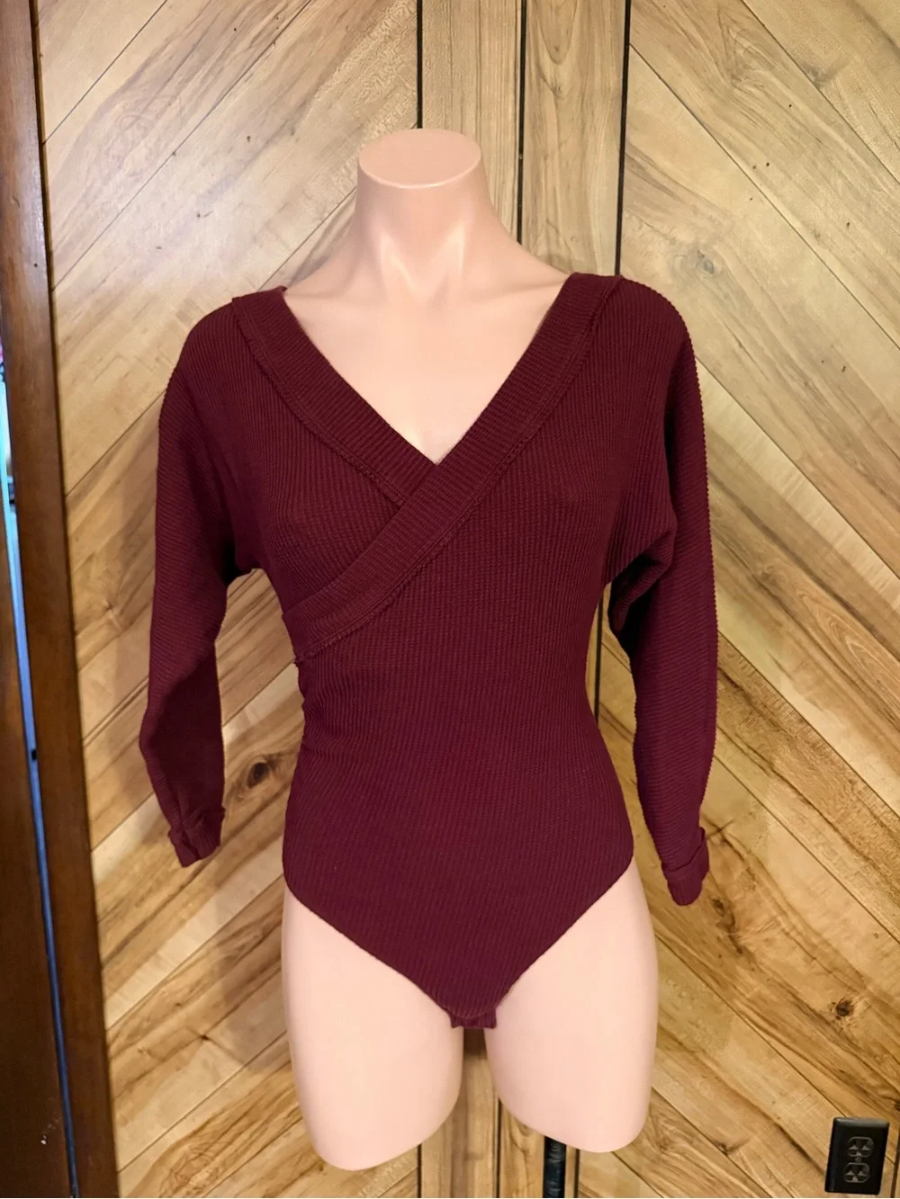 ⁠Intimately Free People Womens XS Burgundy Faux Wrap Ribbed Thermal Bodysuit